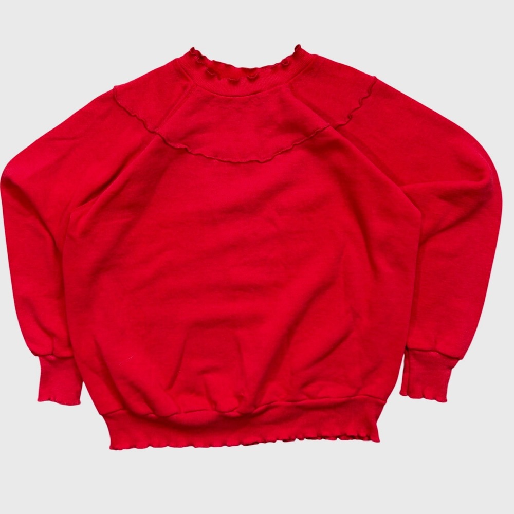 Vintage Red Lettuce Edge Ruffle Yoke Sweatshirt Made in USA Womens Medium Raglan